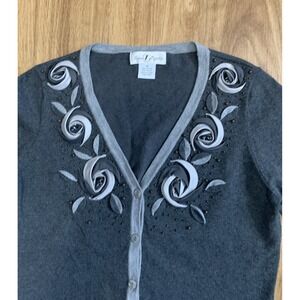 Once Again Gray Sweater With Beads & 3D Flowers Button‎ Up  Size Medium Vintage